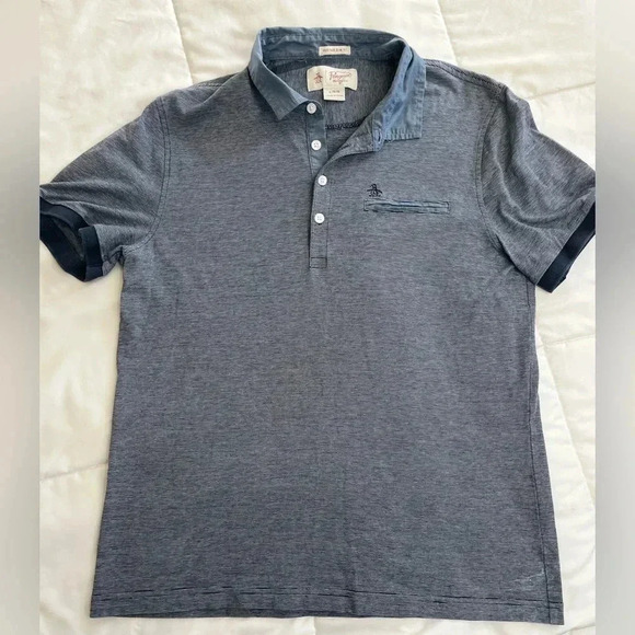 Penguin Heritage Slim Fit Polo Shirt Adult Mens Blue Striped Short Sleeve - Picture 1 of 3